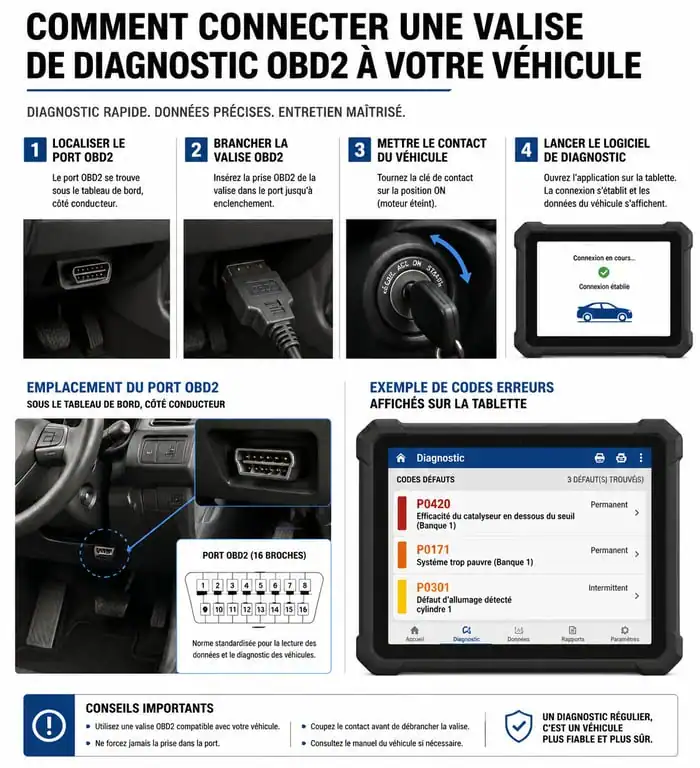 Schéma explicatif pour brancher une valise OBD2 et enlever le voyant casse moteur