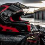 Casque karting homologué posé sur pneu au paddock