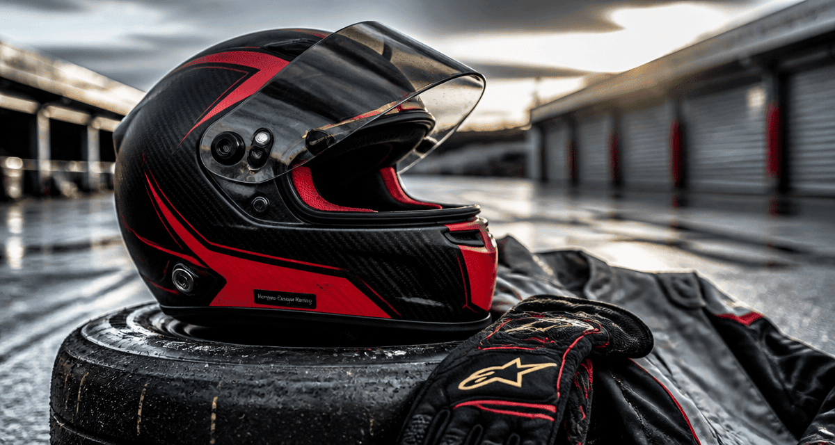 Casque karting homologué posé sur pneu au paddock