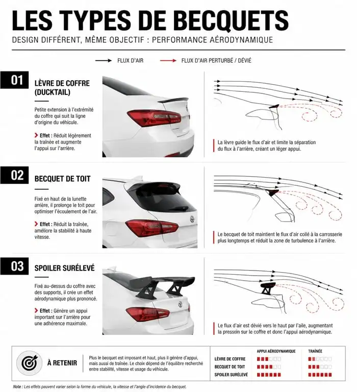 Infographie comparative des types de becquets de voiture pour choisir le modèle adapté