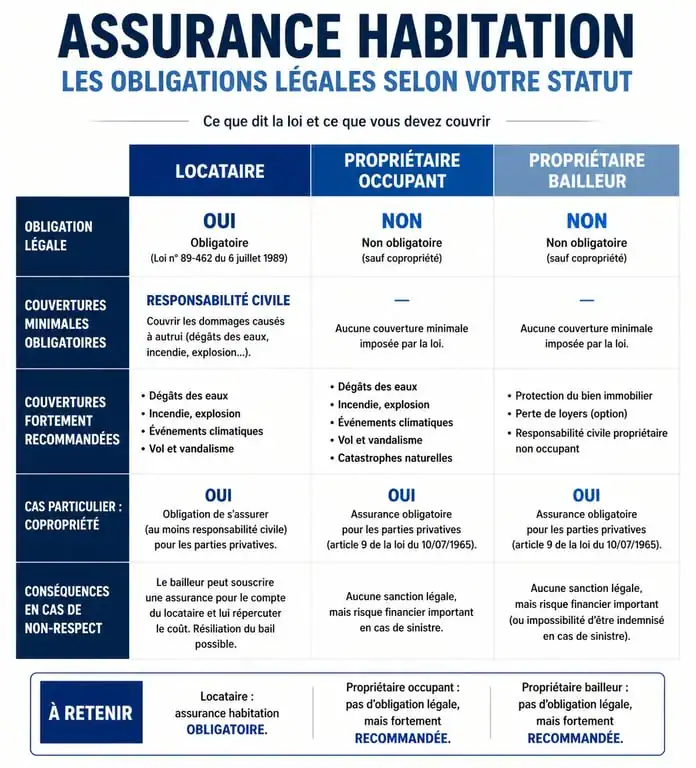 Infographie comparative des obligations d'assurance habitation pour locataire et propriétaire