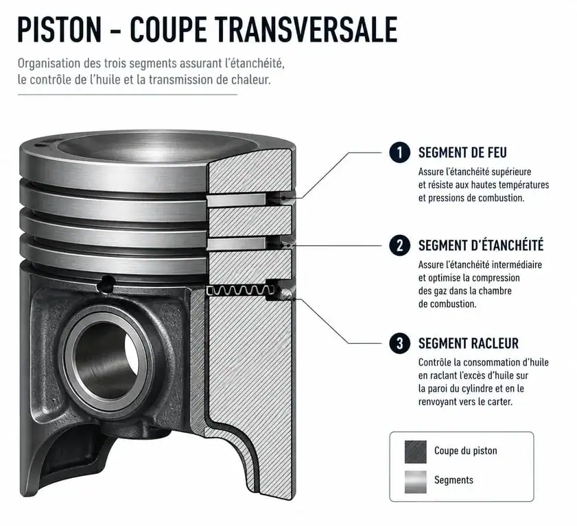 Schéma technique des segments de piston : segment de feu, d'étanchéité et racleur pour segmentation moteur