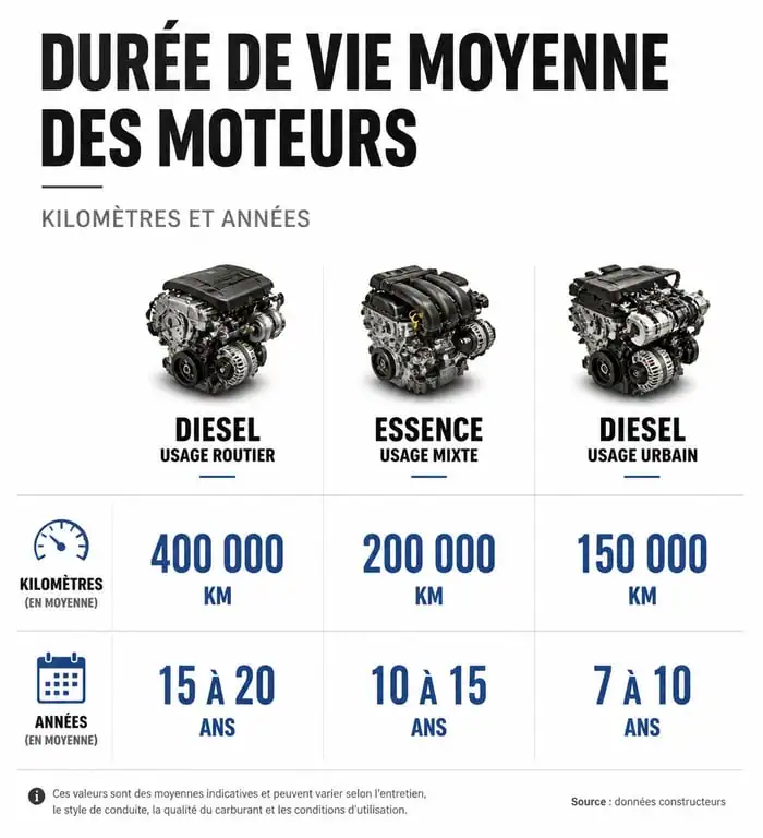 Infographie comparative de la durée de vie moteur diesel et essence en kilomètres et années.