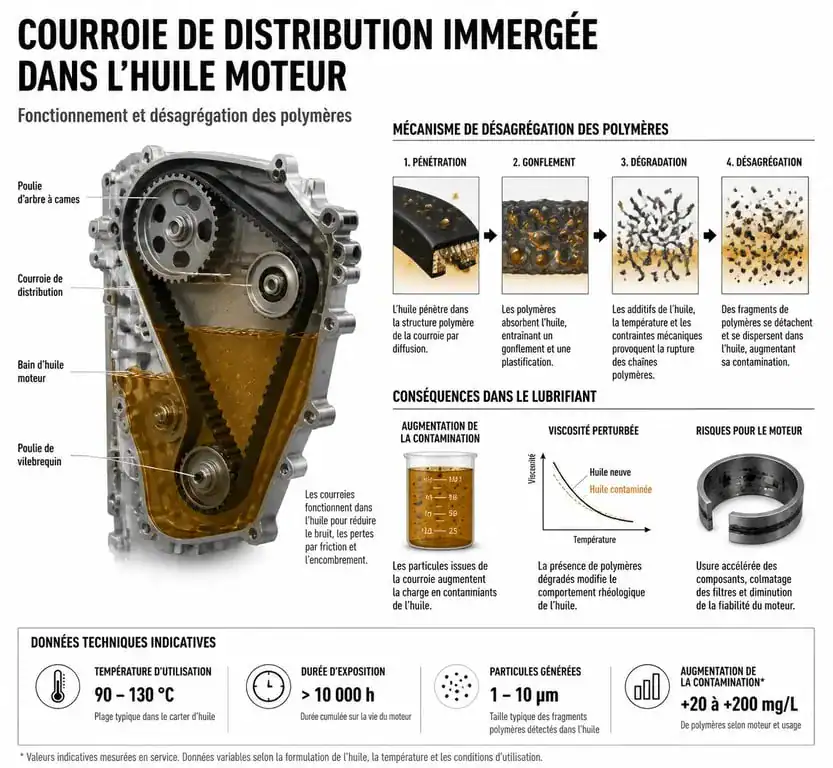 Schéma explicatif du fonctionnement et de l'usure de la courroie de distribution immergée des moteurs PureTech à éviter