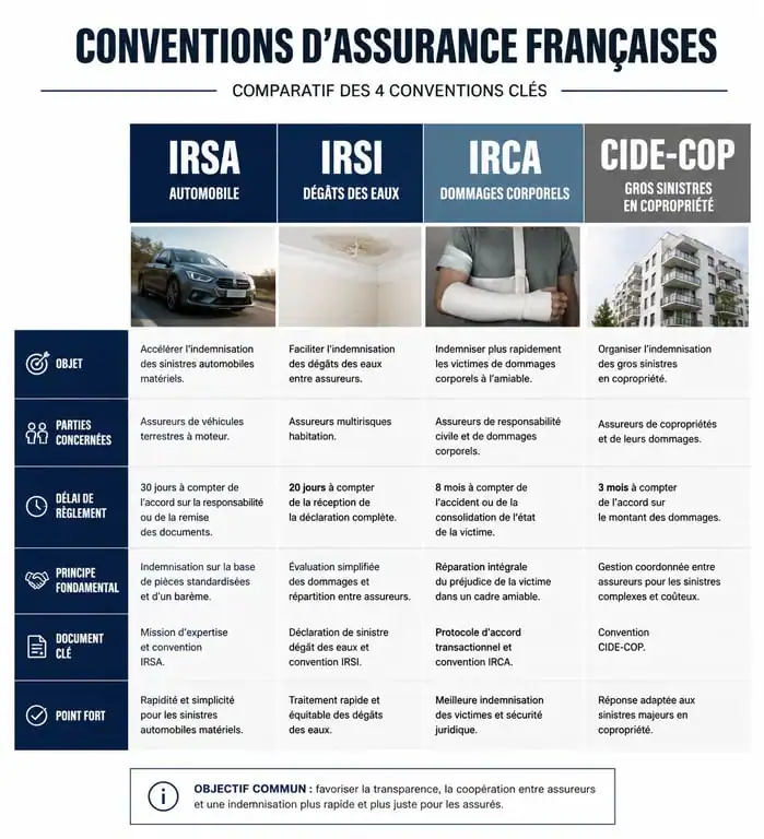 Tableau comparatif des conventions d'assurance : IRSA, IRSI, IRCA et CIDE-COP