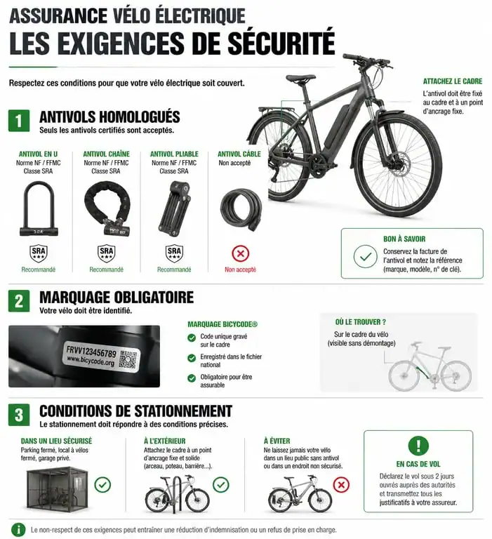 Infographie des exigences de sécurité pour l'assurance vol vélo électrique