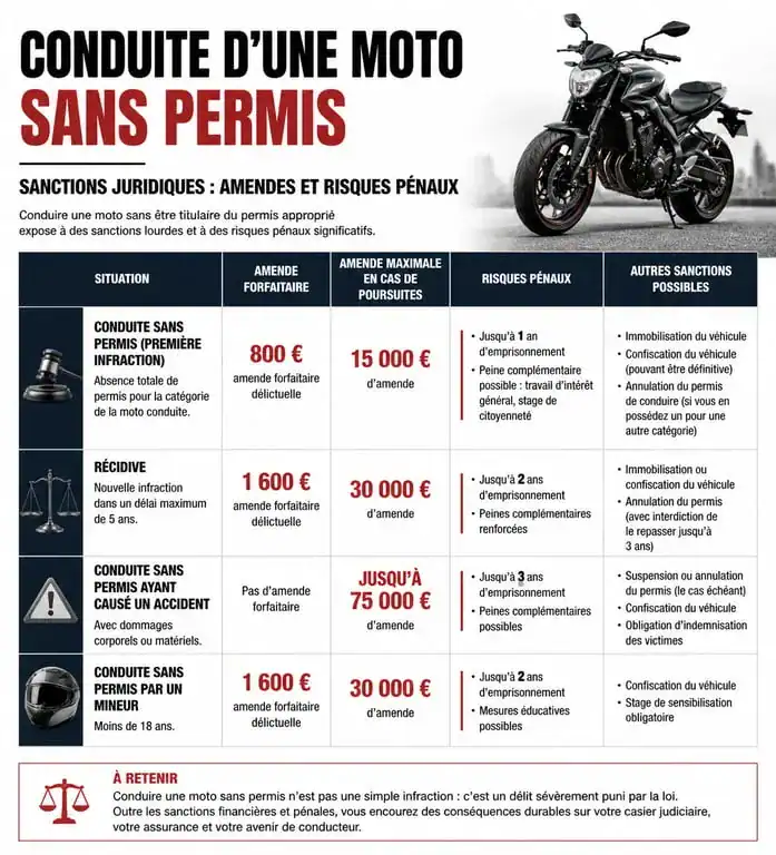 Infographie des risques et sanctions juridiques liés à l'achat et la conduite d'une moto sans permis de conduire