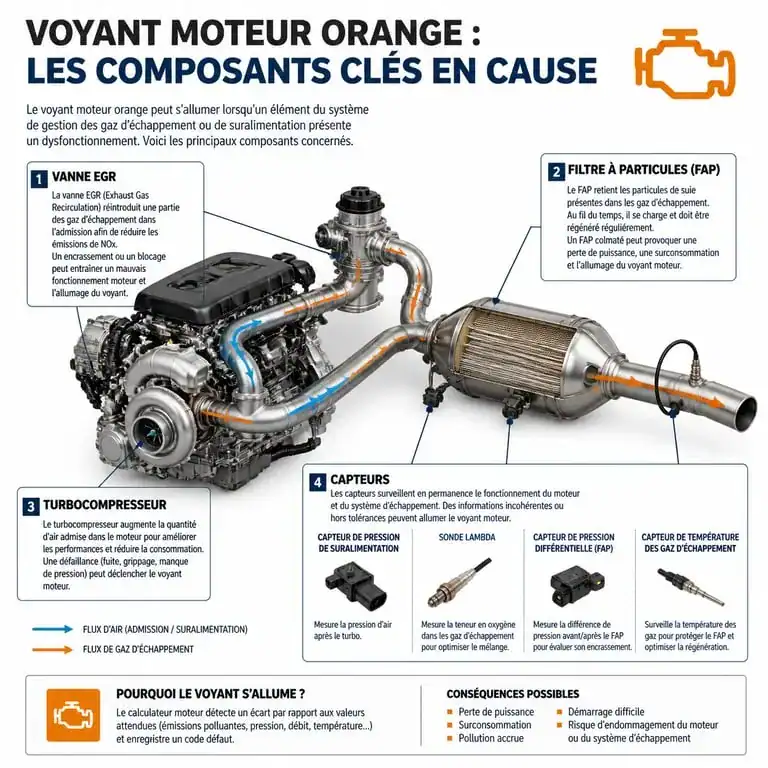 Schéma des causes techniques du voyant moteur orange et perte de puissance