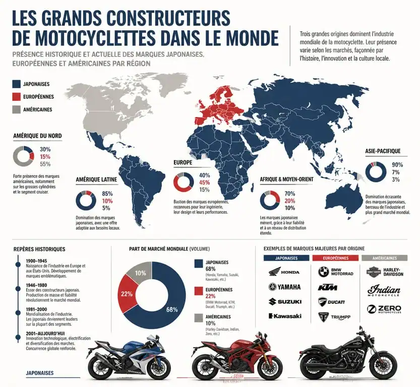 Infographie comparative des parts de marché et origines des grandes marques de motocyclette