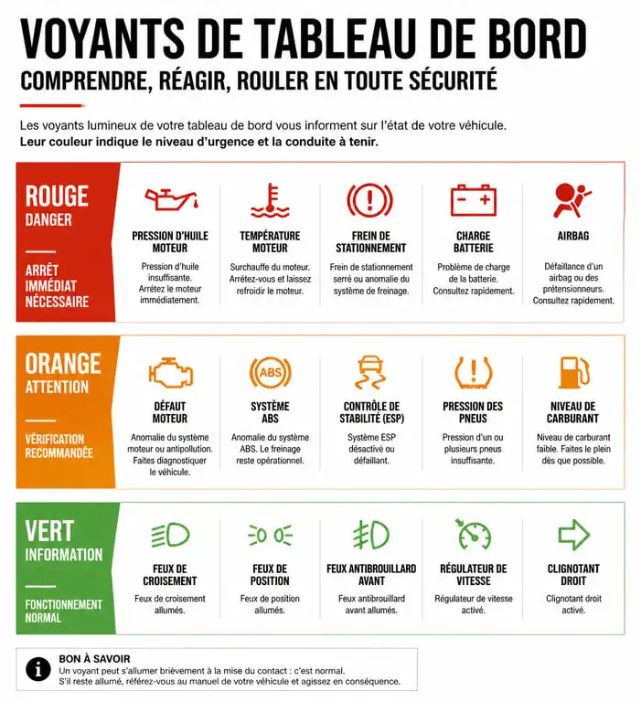 Infographie des voyants de tableau de bord de voiture et leur signification