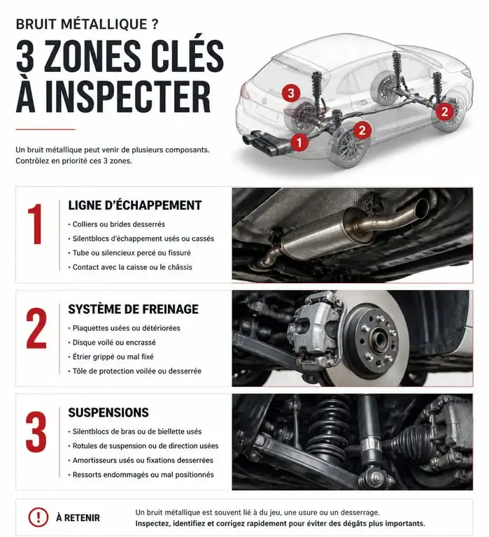 Infographie des zones d'inspection pour un bruit métallique voiture