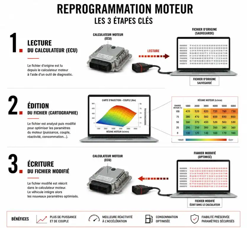 Schéma du processus de reprogrammation moteur et logiciel de cartographie