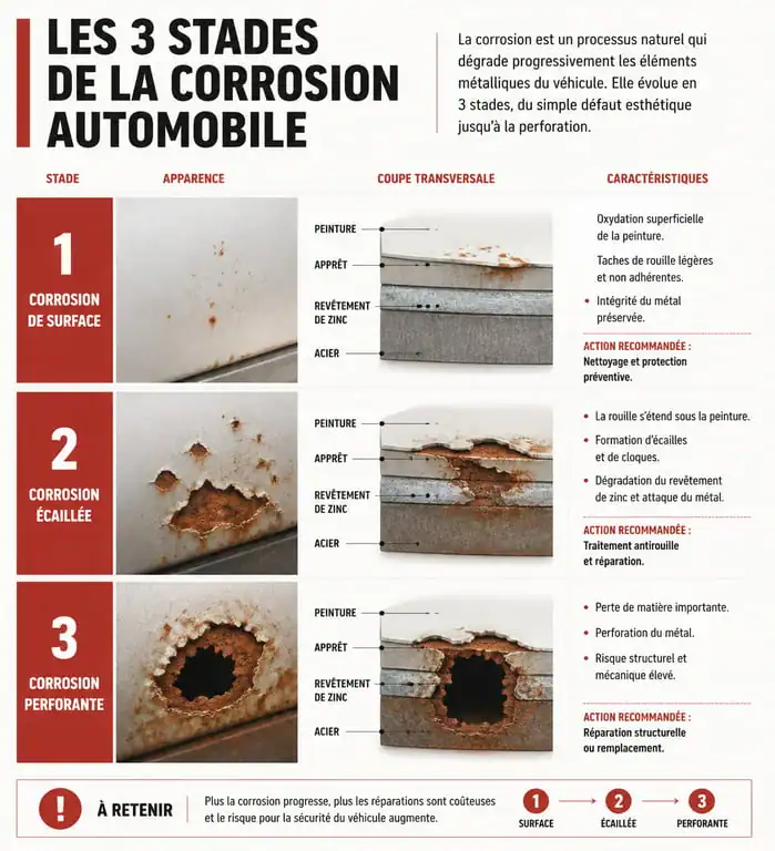 Schéma des trois stades de la corrosion voiture : surface, écaillée et perforante