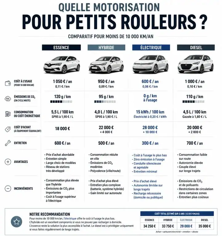 Infographie comparative des motorisations pour choisir sa voiture quand on roule peu