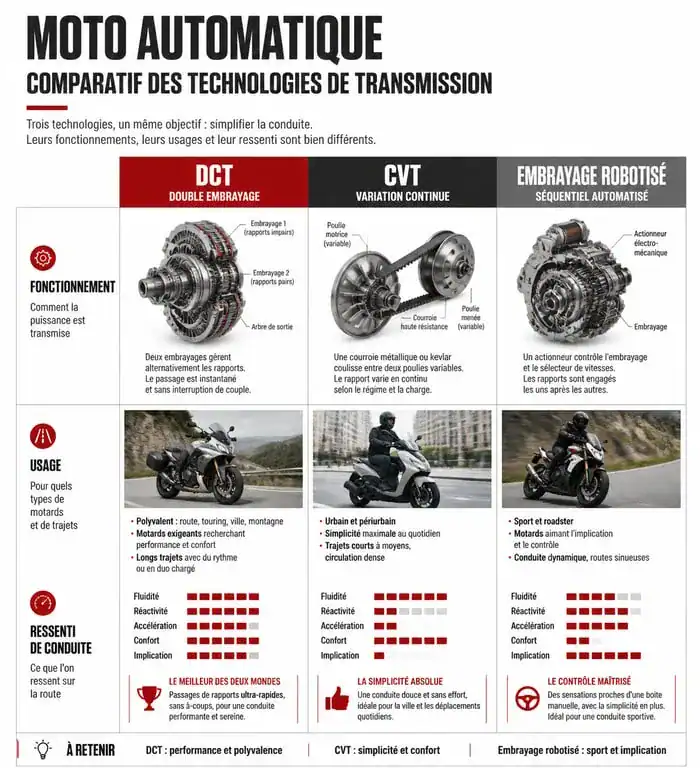 Comparatif des technologies de transmission pour moto automatique : DCT, CVT et robotisée