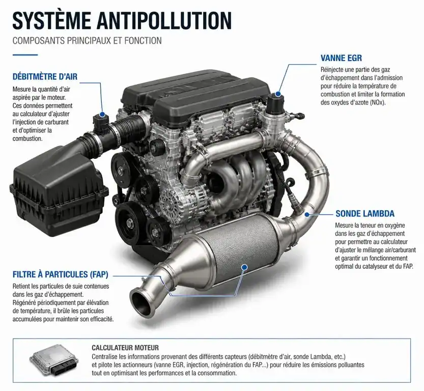Schéma des composants du système antipollution moteur : vanne EGR, FAP et sonde Lambda pour comprendre le voyant antipollution allumé.