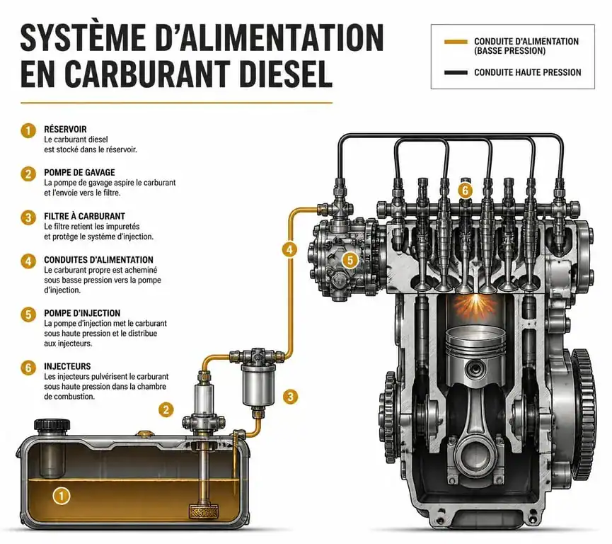 Schéma des composants du circuit de carburant diesel pour identifier l'origine d'une odeur de gasoil sur une voiture