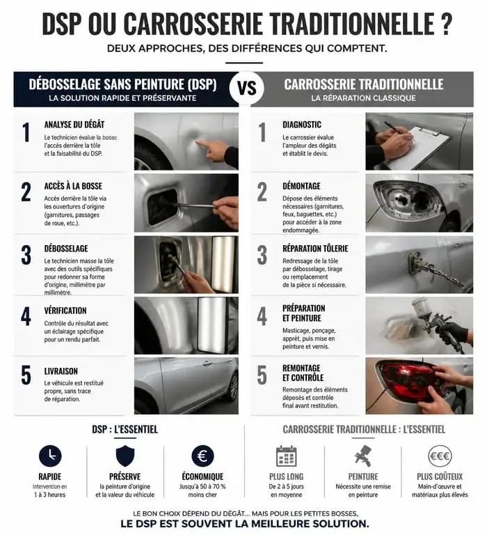 Infographie comparative des méthodes de redressage carrosserie : DSP vs réparation traditionnelle