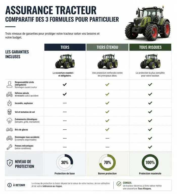 Tableau comparatif des formules d'assurance tracteur pour particulier : Tiers, Tiers Étendu et Tous Risques