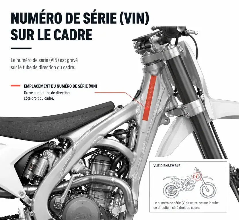 Schéma technique de l'emplacement du numéro de série VIN sur le cadre d'une motocross
