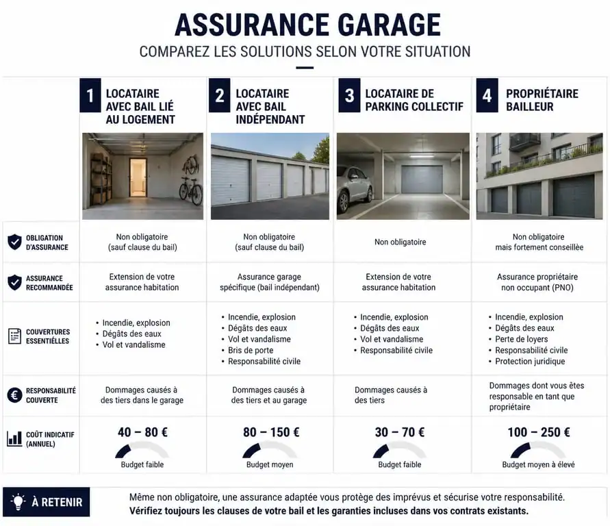 Infographie comparative des solutions d'assurance pour location garage selon le profil du locataire ou du propriétaire
