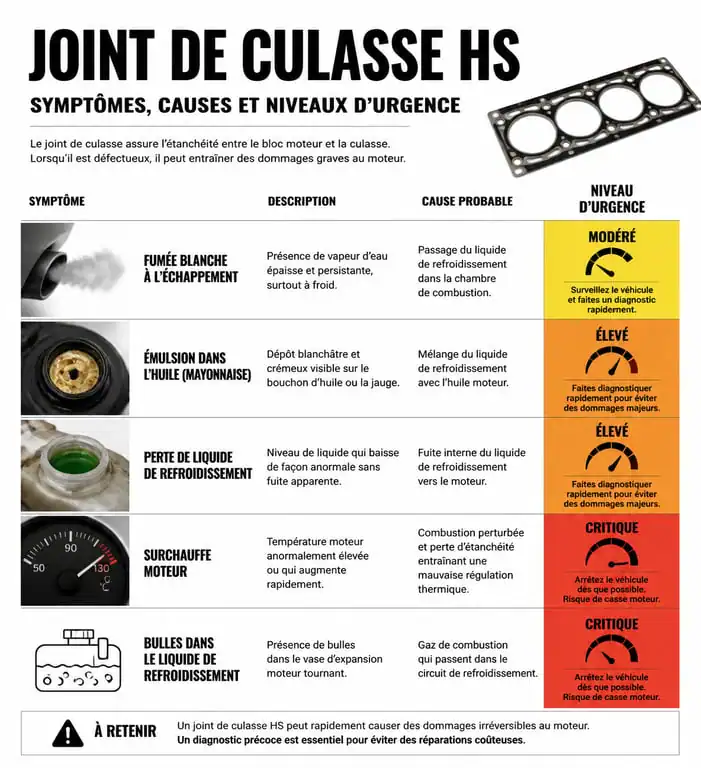 Infographie des symptômes et niveaux d'urgence d'un joint de culasse HS