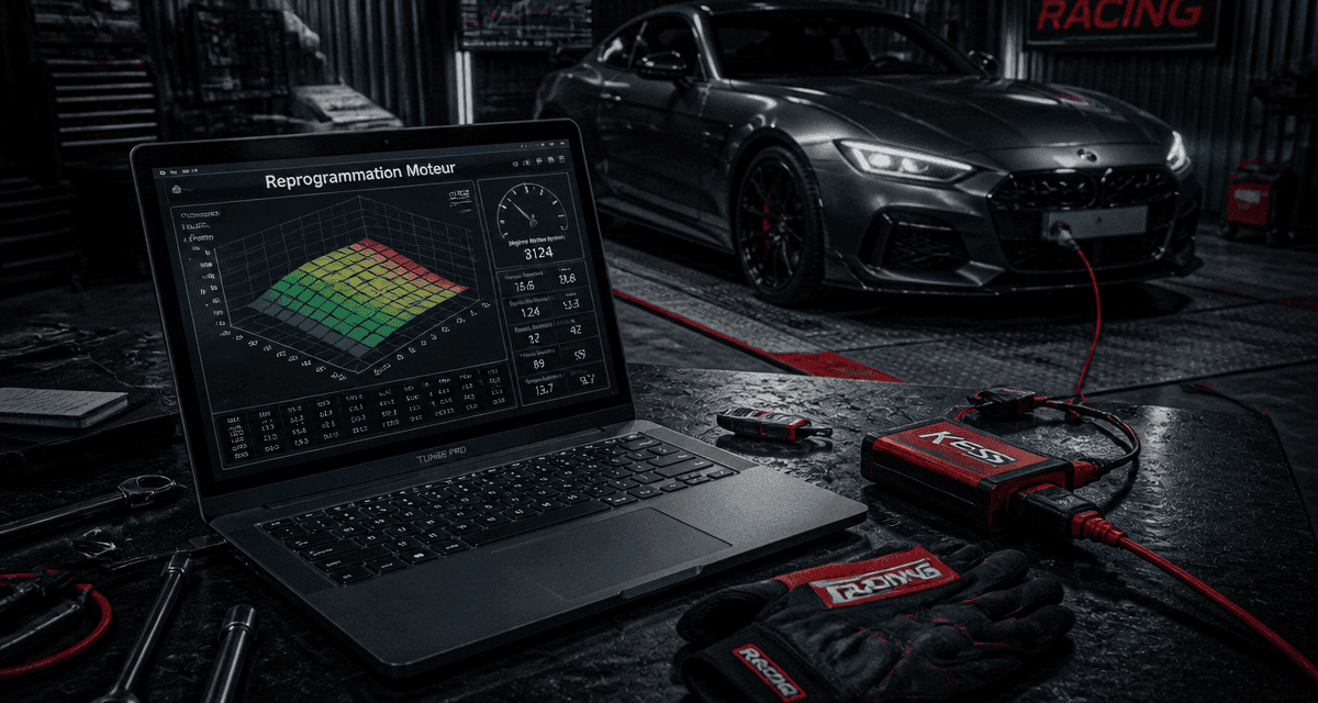 logiciel reprogrammation moteur sur ordinateur en atelier