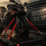 Sangle une moto sur remorque solidement attachée