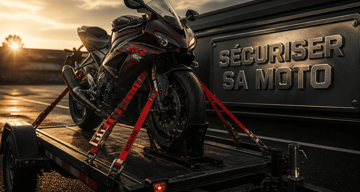 Sangle une moto sur remorque solidement attachée