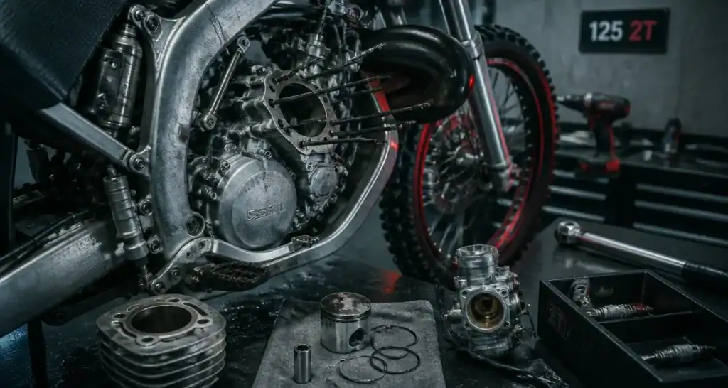 Moto 125 2 temps démontée en atelier, cylindre et piston visibles