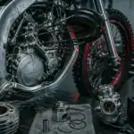 Moto 125 2 temps démontée en atelier, cylindre et piston visibles