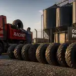 Collecte pneus usagés agricoles rangée sur aire gravier