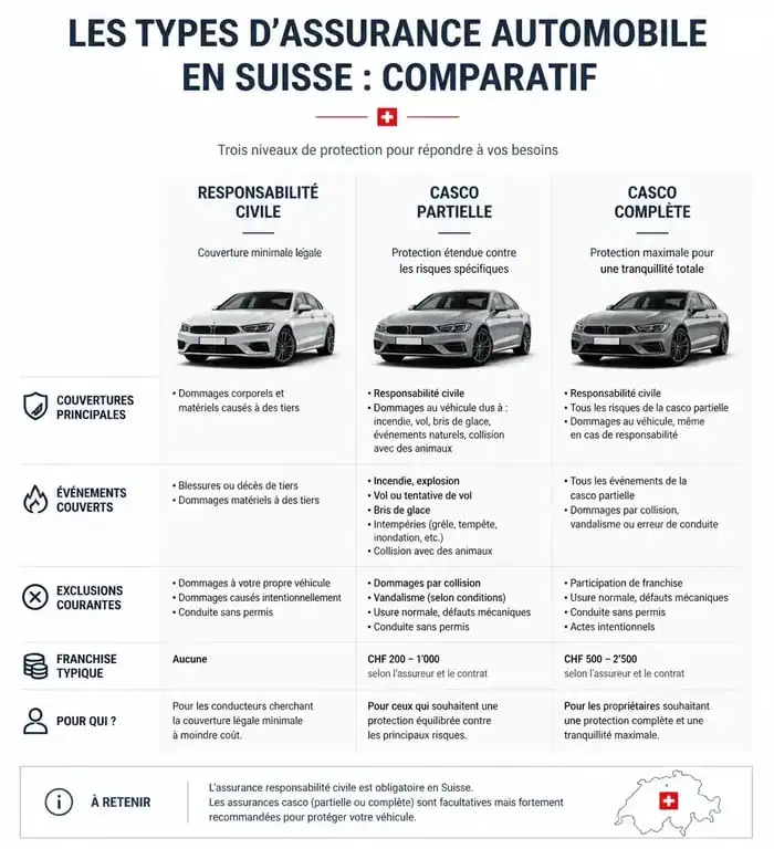 Infographie comparative des types d'assurance auto en Suisse : RC, Casco partielle et Casco complète