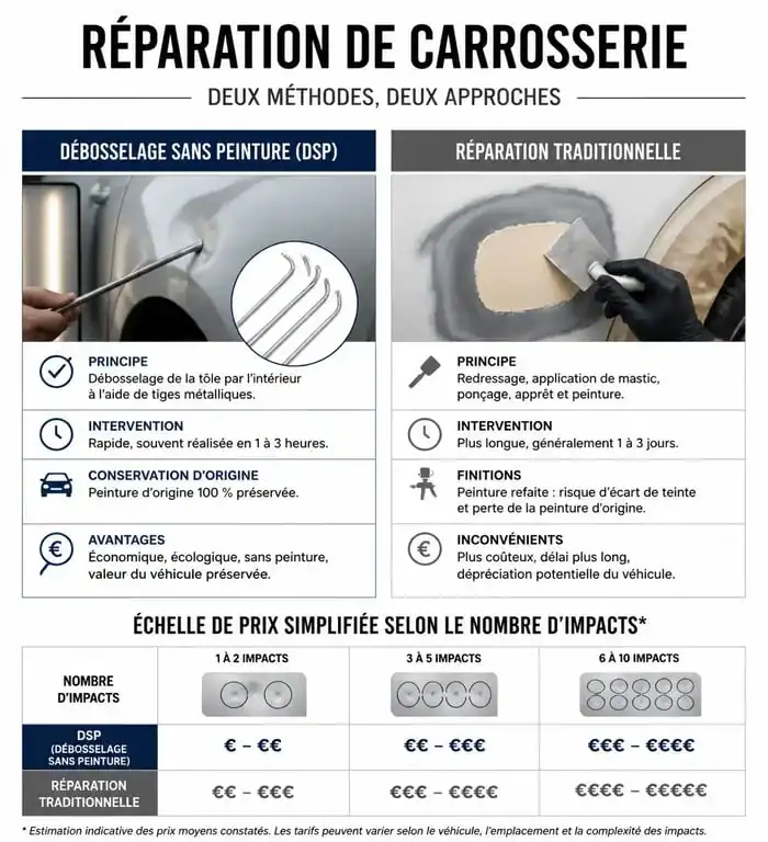 Infographie comparative des méthodes de réparation pour le prix d'un débosselage de voiture grêlée