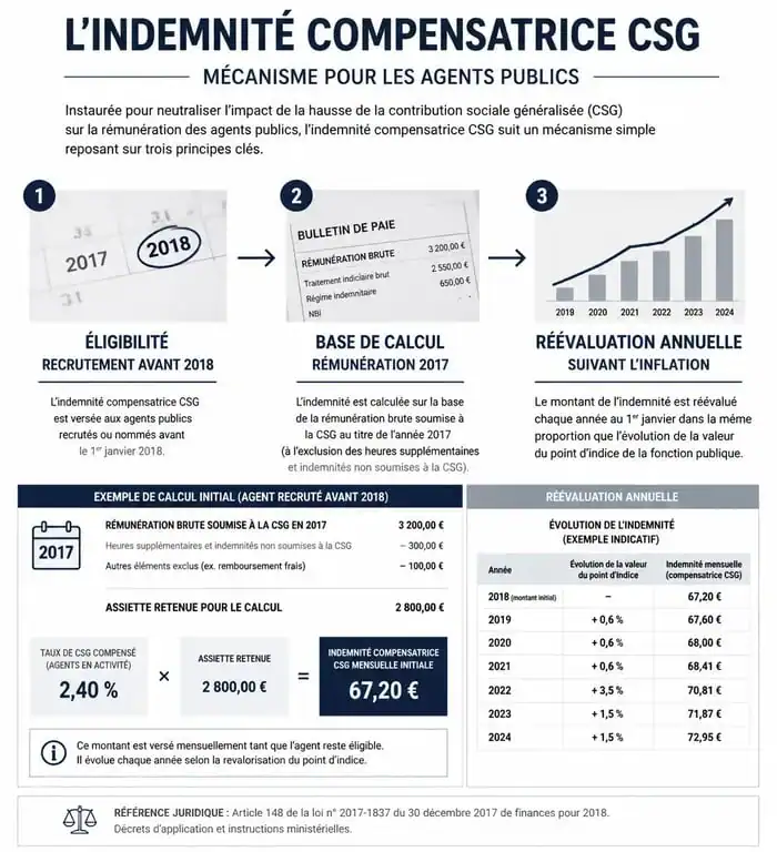 Schéma explicatif du fonctionnement de l'indemnité compensatrice CSG pour les agents de la fonction publique