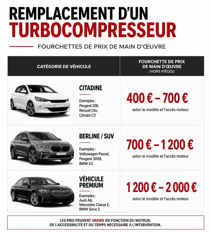 Infographie récapitulative du prix main d'oeuvre changement turbo selon le type de véhicule