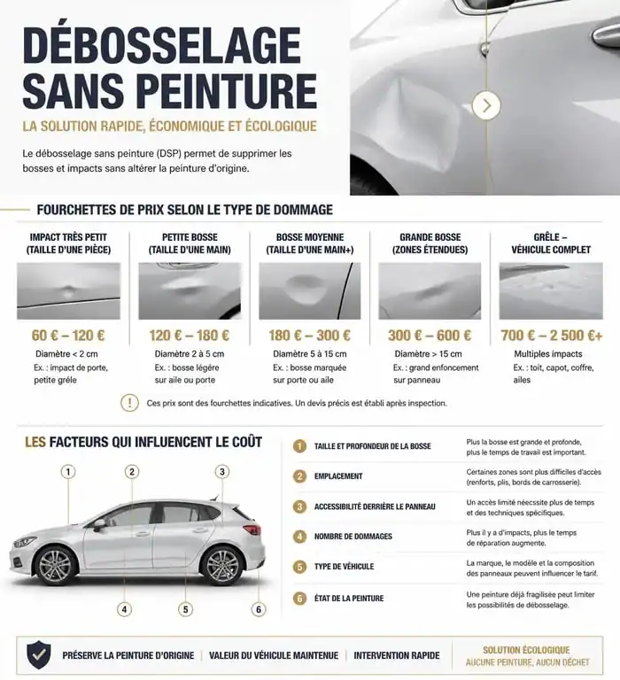 Infographie des tarifs et facteurs de prix pour le débosselage sans peinture automobile