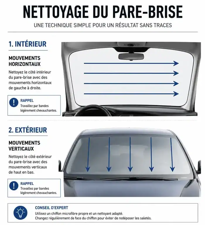Infographie montrant la technique de nettoyage pour dégraisser pare brise