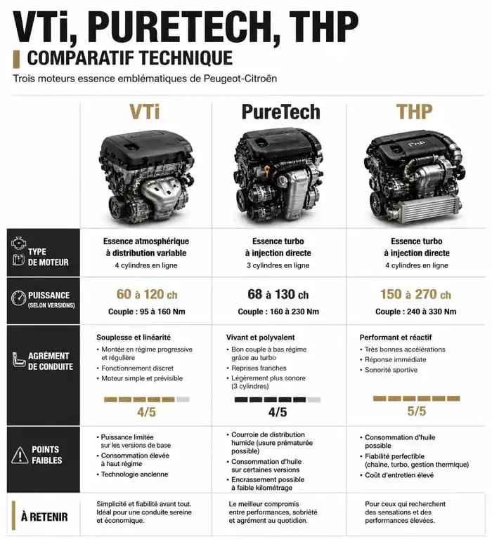 Comparatif technique des moteurs VTi, PureTech et THP pour aider au choix d'un véhicule d'occasion.