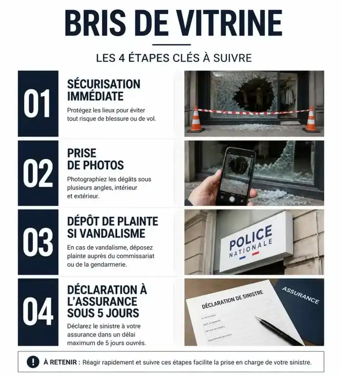 Infographie des étapes de déclaration d'une vitrine cassée à l'assurance