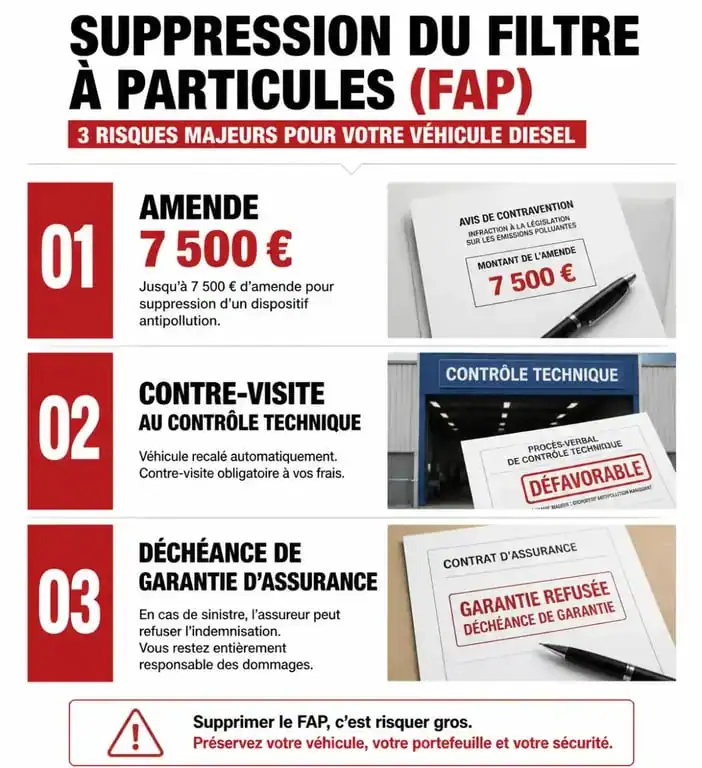 Infographie des risques liés à la suppression du FAP au contrôle technique