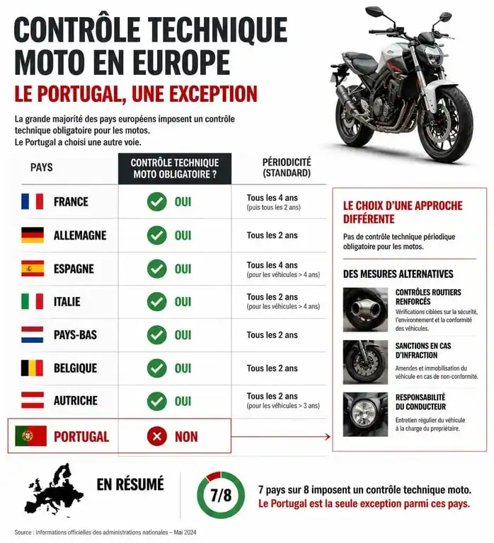 Infographie comparative du contrôle technique moto en Europe et au Portugal