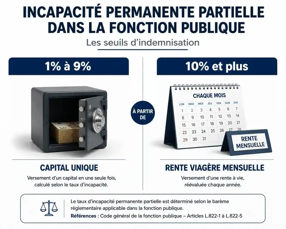 Infographie des seuils d'indemnisation IPP dans la fonction publique : capital ou rente viagère