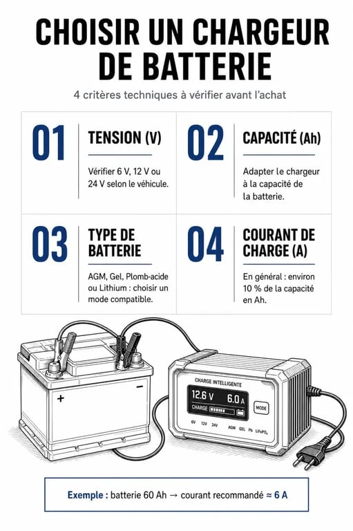 Infographie des critères de sélection pour le meilleur chargeur de batterie voiture