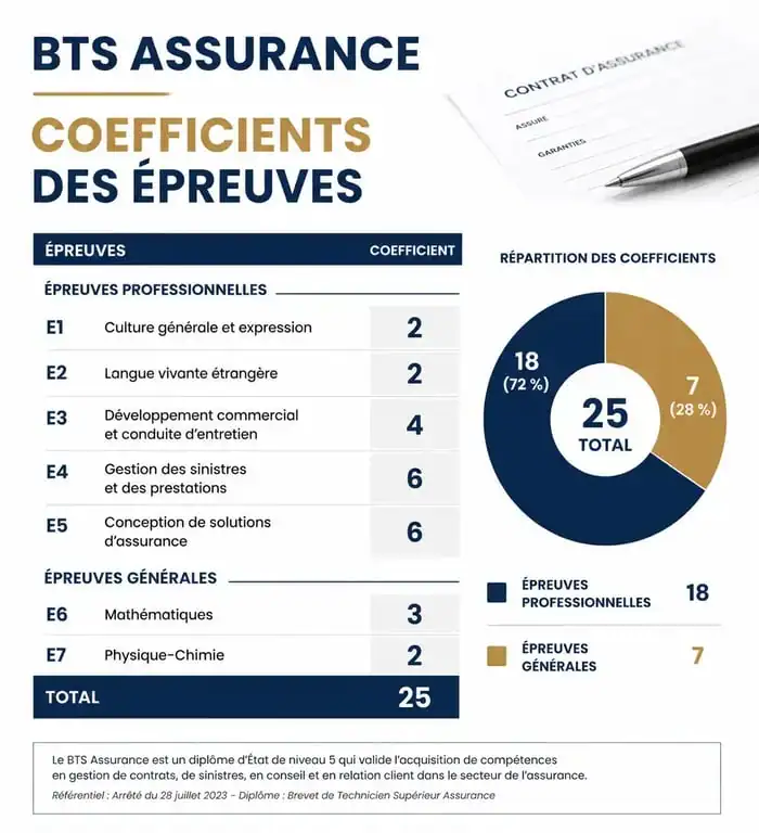 Tableau des coefficients des épreuves du BTS Assurance pour le calcul de la moyenne