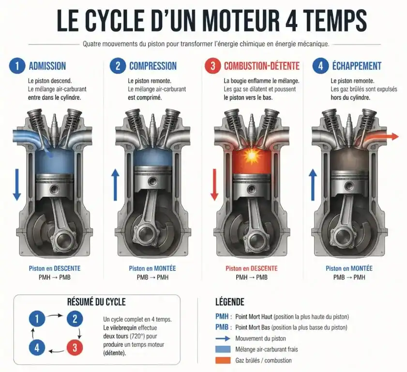 Schéma explicatif du fonctionnement d'un moteur 4 temps