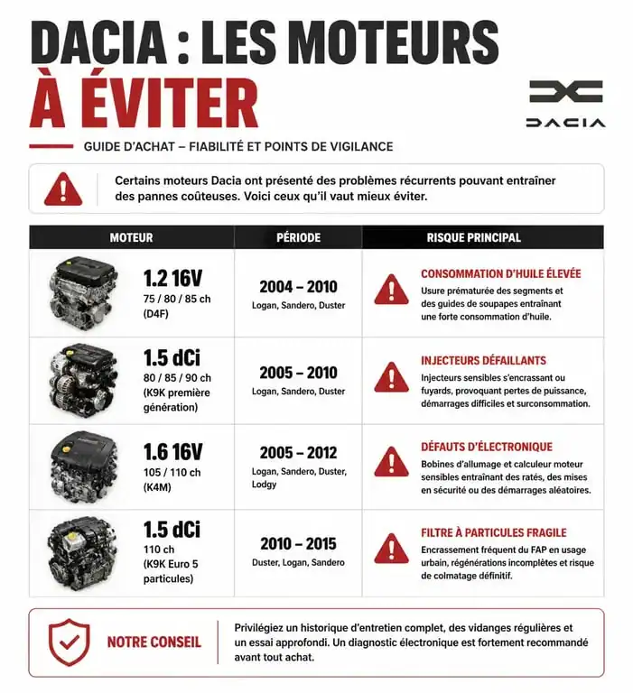 Tableau récapitulatif des moteurs Dacia à éviter lors de l'achat d'une voiture d'occasion