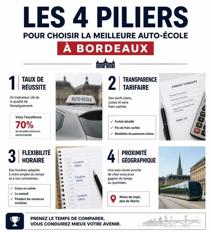 Infographie des critères pour choisir la meilleure auto-école à Bordeaux