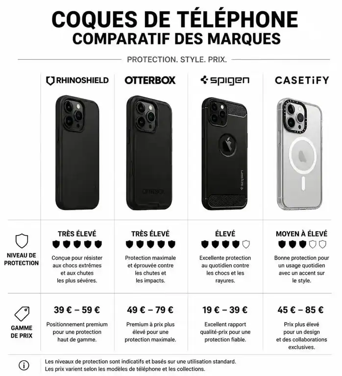 Infographie comparative des meilleures marques de coque téléphone : Rhinoshield, OtterBox, Spigen et Casetify.