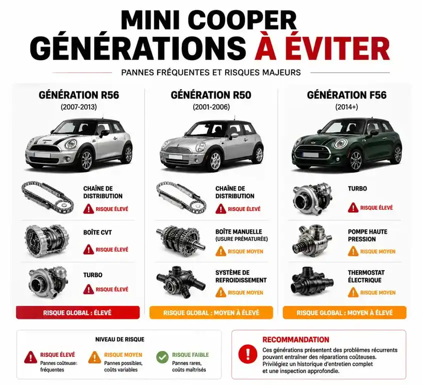 Infographie comparative des modèles de Mini Cooper à éviter lors d'un achat d'occasion, détaillant les risques mécaniques par génération.